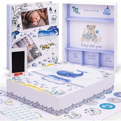 My Memory Book with Keepsake Box, Baby Milestone Stickers, Photo Corners & Footprint Kit, Under the Sea Design - Baby First Five Years