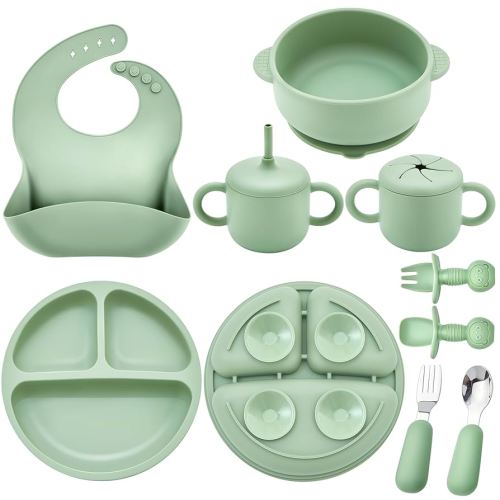 Silicone Baby Feeding Set, Baby Led Weaning Supplies, Eating Essentials Utensils with Suction Plate and Bowl, Pocket Bib, Sippy Cup with Lid, Forks Spoons Snack Container, for 6+ Months, Green