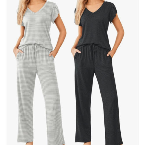 Ekouaer 2 Pack Womens Pajamas Short Sleeve Sleepwear Top with Pants Super-Soft Printed Lounge Sets S-XXL