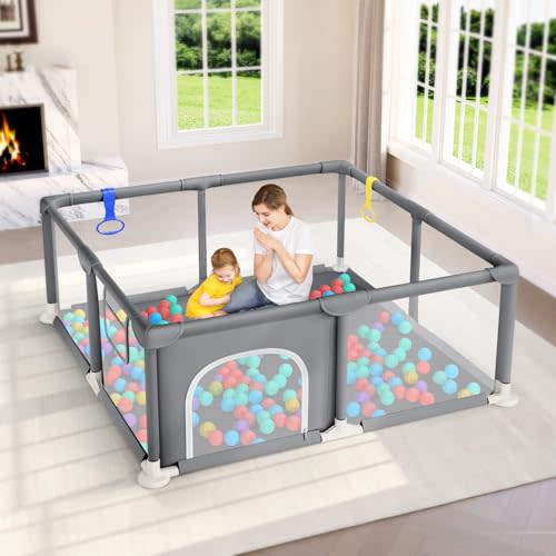 Dripex Baby Playpen, 47"x47" Small Playpen for Babies, Enhanced Safety Baby Play Yard for Indoor & Outdoor, Infant Play Pen with Soft Breathable Visible Mesh, Anti-Fall Design & Easy Setup, Grey