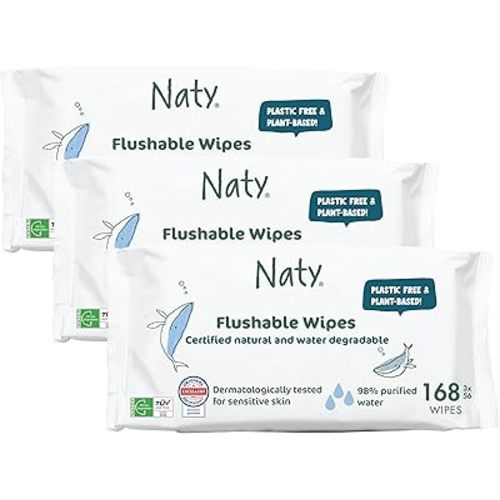 Naty Flushable Baby Wipes | 98% Water, Hypoallergenic & Natural for Sensitive Skin | Unscented, Fragrance-Free, Plant-Based | Plastic-Free, Water-Degradable | Newborn & Toddler | 168 Count (3 Packs)
