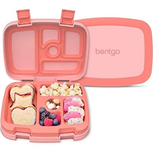 Bentgo Kids Bento-Style 5-Compartment Leak-Proof Lunch Box - Ideal Portion Sizes for Ages 3 to 7 - Durable, Drop-Proof, Dishwasher Safe, PFAS & BPA-Free & Made with Food-Safe Materials (Coral)