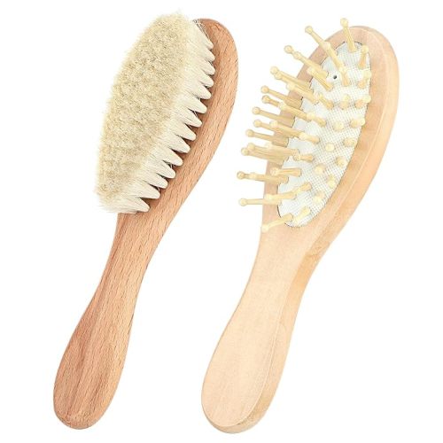 Soft Goat Bristle Baby Hair Brush Set for Newborns and Toddlers, Wooden Cradle Cap Brush 2PCS