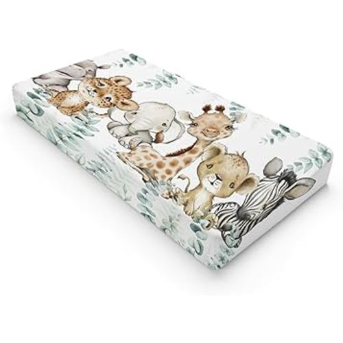 HawSkgFub African Safari Jungle Animals Eucalyptus Leaf Changing Pad Cover Baby Girl Boy, Giraffe Elephant Leopard Lion Zebra Diaper Change Table Sheet Soft Stretchy Safe Snug Fitted Fit 32"/34" x 16"