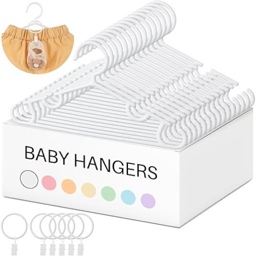 Hsei 30 Packs Baby Hangers with Ring Clips, Toddler Hangers, Kids Plastic Clothes Hanger for Infant Children Pants Closet Coat Skirts Socks, White