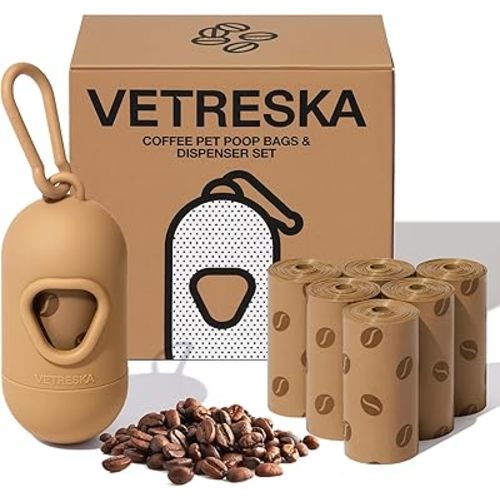 VETRESKA Dog Poop Bags Dispenser with Coffee Scented Waste Bags, Leak Proof, Extra Thick & Strong, 1 Holder and 105 Count Pet Poop Bags (7 Refill Rolls) for Dogs and Cats