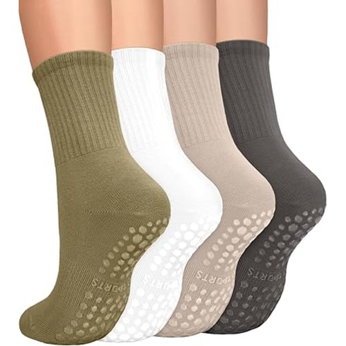 yeuG 4 Pairs Non Slip Pilates Socks with Grips for Women, Crew Grip Socks for Yoga, Barre, Hospital, Barefoot Workout