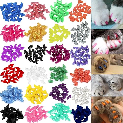 VICTHY 140pcs (14 Colors) Cat Nail Caps, Cat Claw Covers Cat Nail Covers with Adhesives and Applicators (Large)