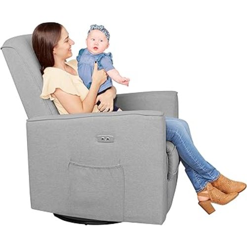 Evolur Harlow Deluxe Upholstered Plush Seating Glide Rocker, Swivel, Power Recliner with USB Port, Greenguard Gold Certified, Glider Chair for Nursery in Light Grey