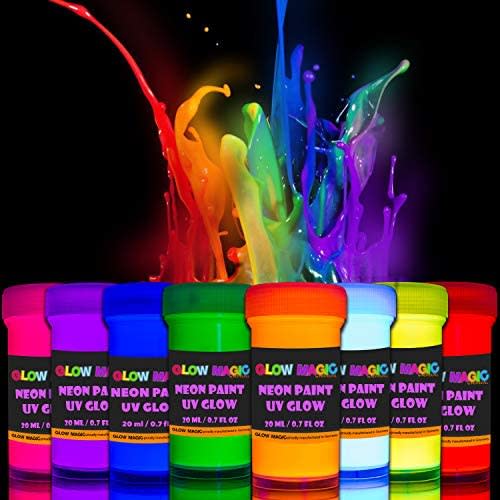 Glow Magic Black Light Paint Set - Set of 8 - Fluorescent Wall Paints – Neon Glow Paints for Blacklights, UV Lights – Glowing Neon Color - 8 x 20 ml / 0.7 fl oz