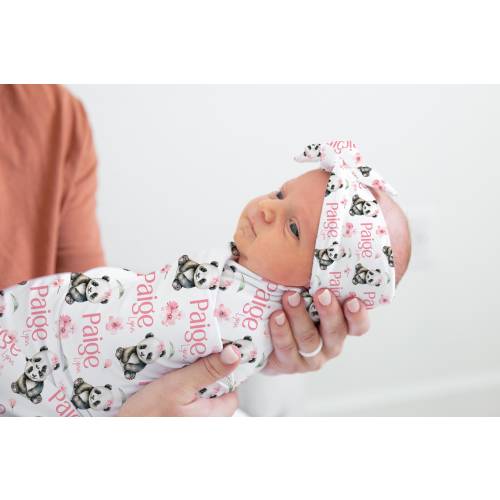 Panda Bear Swaddle Set, Panda Baby Blanket, Personalized Swaddle Blanket, Panda Bear Baby Blanket, Panda Nursery, Cherry Blossom Swaddle W46