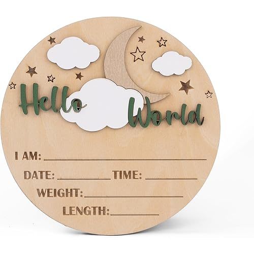 Hello World Wooden Baby Birth Announcement Sign – Moon and Stars Name Plaque with 3D Lettering – Baby Stats Board for Photo Prop or Nursery Decor