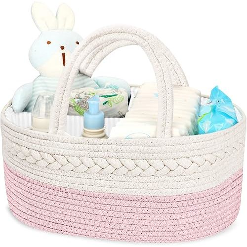 Maliton Diaper Caddy for Baby Girl-Cotton Rope Diaper Caddy, Diaper Organizer for Changing Table, Portable Baby Basket for Storage Baby Stuff, Newborn Registry Must Have Items