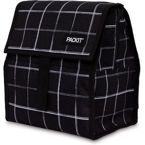 Packit® Freezable Lunch Bag, Black Grid, Built with EcoFreeze® Technology, Foldable, Reusable, Zip and Velcro Closure with Buckle Handle, Perfect for Lunches Large