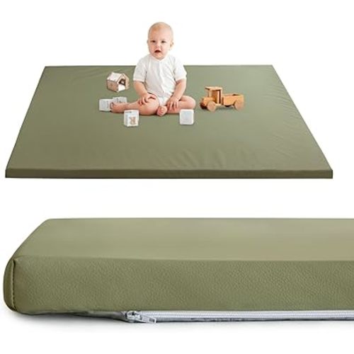 HIGOGOGO Vegan Leather Baby Play Mat, 48 x 48 High-Density Foam Cushioned & Waterproof Playpen Mat, Just Wipe-Clean Crawling Mat for Babyplay on Floor, Green