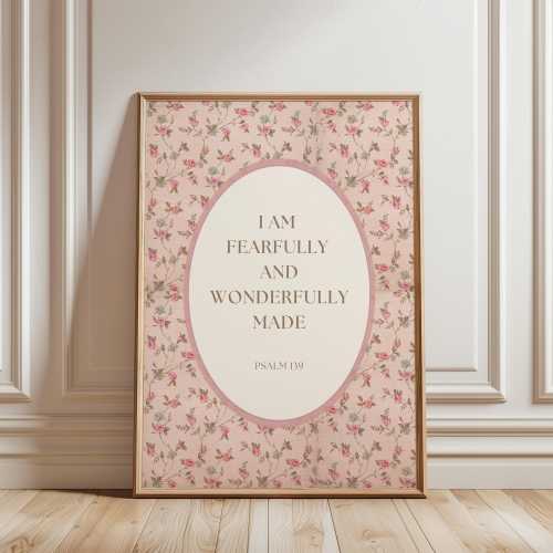 PHYSICAL PRINT Fearfully And Wonderfully Made Vintage Scripture Print Pink Nursery Wall Art Girl Christian Nursery Decor Floral Bible Verse
