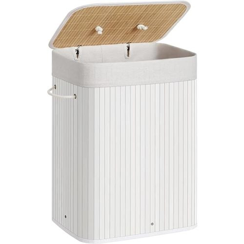 SONGMICS Foldable Laundry Hamper with Lid, 19 Gal. Bamboo Laundry Basket, Rectangular Storage Hamper with 3 Handles, 15.7 x 11.8 x 23.6 Inches, for Laundry Room, Bedroom, White ULCB010W01