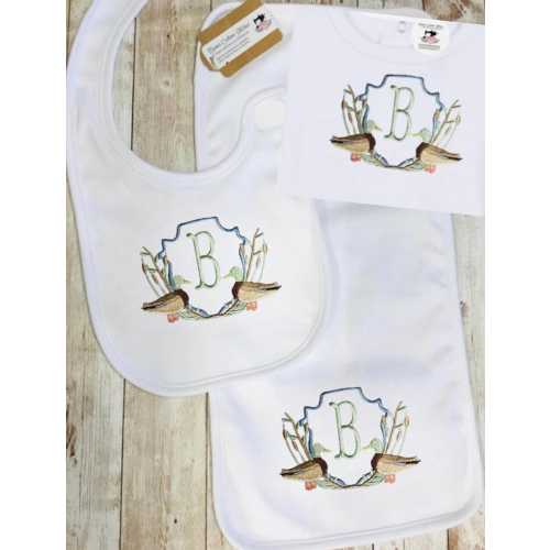 Personalized Initial  Baby Boys Mallard Duck Baby Bib , Burp Cloth,Bodysuit Newborn Gift Set
