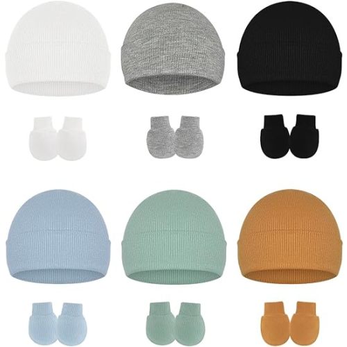 ZURLEFY Stretchy Baby Hats and Mittens, Ribbed Neutral Newborn No Scratch Gloves Beanie Hospital Hat Set for Girls Boys