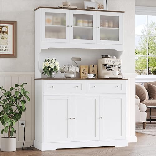 71.9" Kitchen Pantry Cabinet, Tall Storage Cabinet, Kitchen Hutch with Countertop and Outlets, Farmhouse Tall Pantry Storage with Doors and Shelves, White
