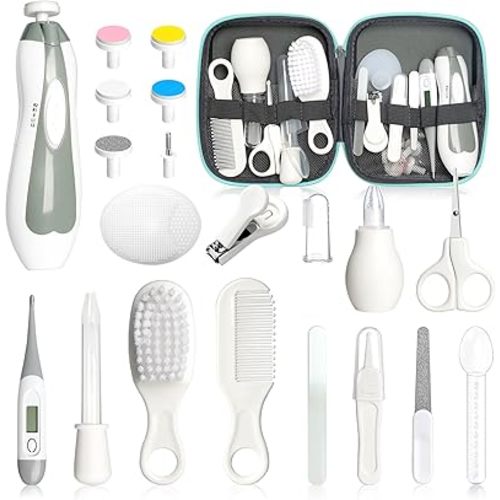 Baby Healthcare and Grooming Kit, 21pcs Baby Electric Nail Trimmer Set Newborn Nursery Health Care Set for Newborn Infant Toddlers Baby Boys Girls Kids Haircut Tools (21 Kits Grey White)