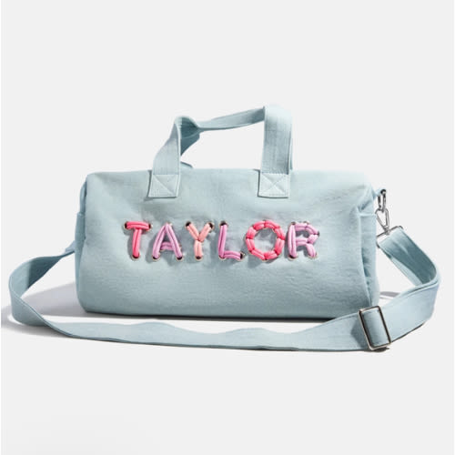 Thready to Go Kids’ Custom Duffle - Light Denim/Pink Multi – Personalized travel bag – BaubleBar