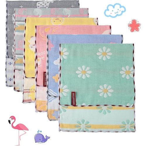 Newwiee 6 Pieces Muslin Baby Burp Cloths Infant Spit Up Thicken Burping Rags 6-Layer Absorbent Washcloths Soft Towel for Newborn Teething, 20 x 10 Inch (Fresh Color,Simple Style), SE-Newwiee-464907
