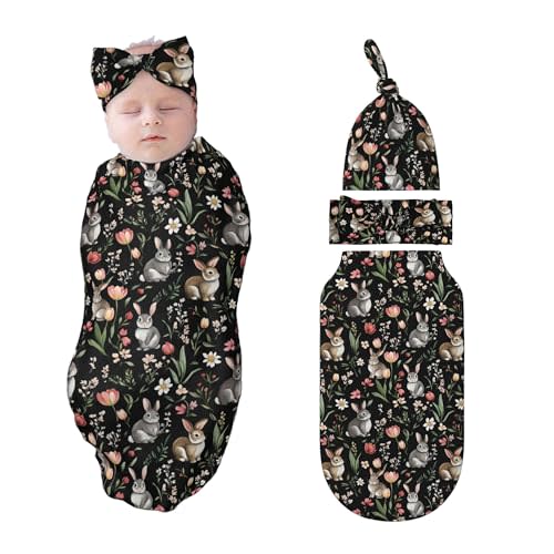 Bunny Swaddle Blankets Newborn Receiving Blanket Baby Swaddle Wrap with Headband Hat Set for Baby Girls Boys