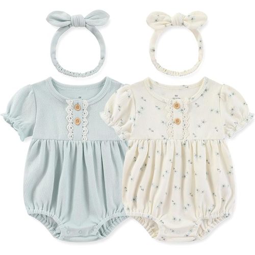 Baby Girls Bodysuits Cotton Infant Clothes Outfit for 3-24 Months - 9-12 Months - Short Sleeve Romper With Bow - Blue/Light Blue Floral Short-sleeved Bodysuit