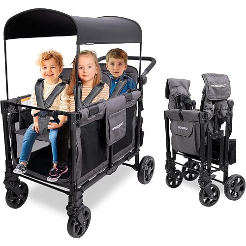 WONDERFOLD W4 Elite Pro Stroller Wagon (4 Seater) - Collapsible Wagon Stroller with Seats with 5-Point Harnesses, Adjustable Push Handle, and Adjustable Sun Canopy, Charcoal Gray
