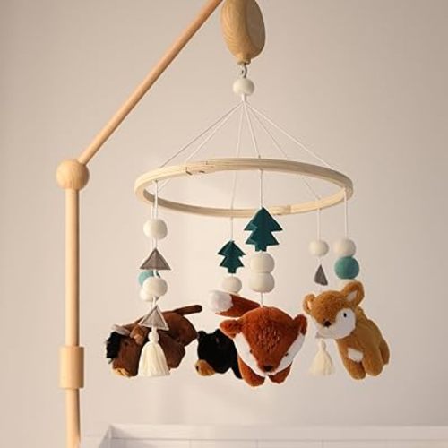 The Peanutshell Crib Mobile for Boys or Girls - Wooden Musical Baby Crib Mobile with 12 Lullabies, Western Woods Baby Mobile Crib Western Woods Nursery Decor