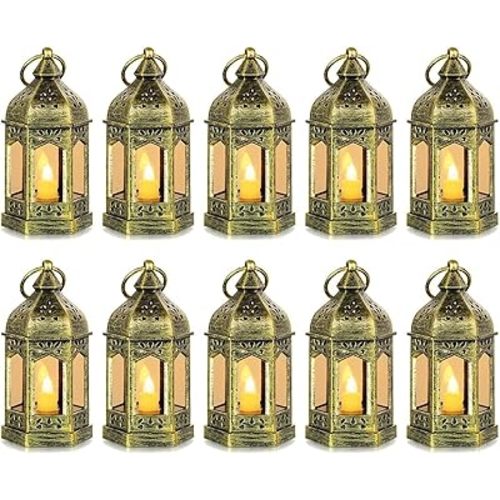 Mini Lantern with Flickering LED Candles Set of 10, Hewory Gold Vintage Decorative Hanging Candle Lanterns for Halloween, Christmas, Wedding Decorations, Party, Table Centerpiece, Battery Included