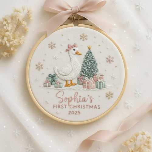 Personalized Goose Baby's First Christmas Hand Embroidered Ornament, Kids Ornament, Baby Shower Gift, Newborn Keepsake, EOL106.C