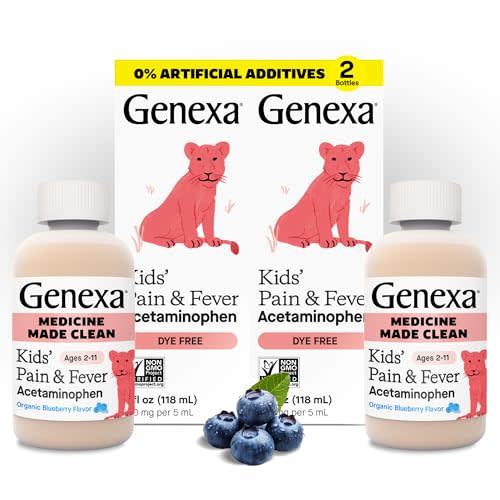 Genexa Kids’ Clean Pain & Fever Acetaminophen, Dye Free, 0% Artificial Additives, Delicious Organic Blueberry Flavor, Liquid Oral Suspension Medicine, Children 2-11, 160 mg per 5mL, 8 fl oz (2 Pack)
