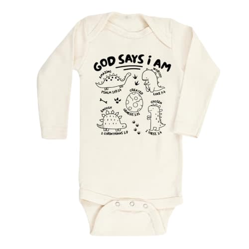 MangoHouse Cute Baby Bodysuit God Says I am Dinosaurs Shirt Premium Custom Baby Clothes Unisex Baby Announcement Gift for Mom Newborn Outfit (Long Sleeve Natural, 3-6m)