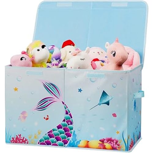 WERNNSAI Mermaid Toy Box - 25'' x 13'' x 16'' Toy Storage Box for Girls Baby Kids Collapsible Light Toy Chest with Lid Handles for Toys Clothes Sundries Nursery Playroom Bedroom