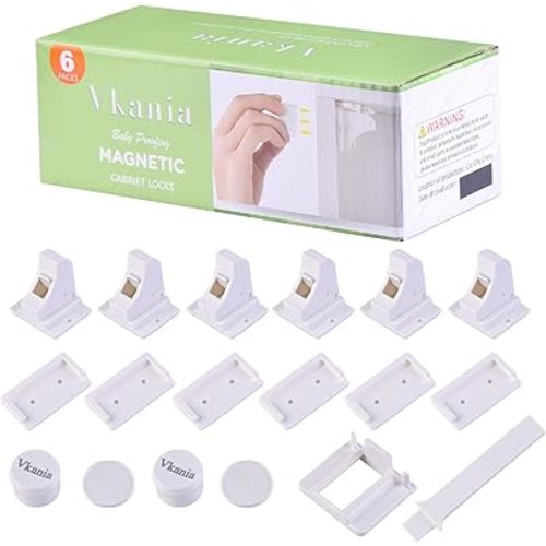 6 Pack Vkania Magnetic Cabinet Locks Baby Proofing - Baby Safety Latches for Drawers and Cabinets - Hidden Adhesive Magnet Baby Locks - Easy Installation No Drilling