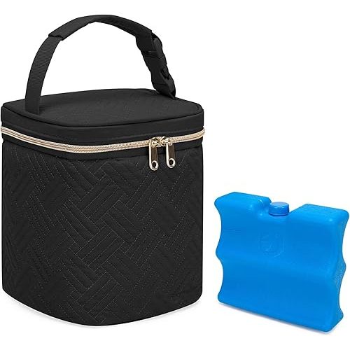 Fasrom Cooler Bag with Ice Pack Fits 4 Large Baby Bottles up to 9 Ounce, Insulated Baby Bottle Bag for Nursing Moms Daycare or Travel, Easily Attaches to Stroller, Black (Patent Design)