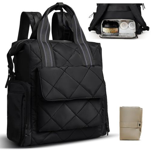 Diaper Bag Backpack Quilted Baby Diaper Bag Pañaleras Para Bebe Breast Pump Backpack for Working Moms with 11 Pouches,Large Insulated Cooler Compartment,Stroller Straps,Changing Pad,Black