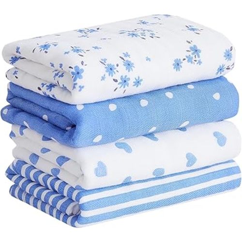 lasoftan Baby Muslin Burp Cloths, 100% Cotton Burping Cloths Super Absorbent Soft, Bath Towel Burp Cloths for Baby Girl Boy, Great Gift for Newborn, 10 x 20 inch, 4 Pack (Heart & Flowers)