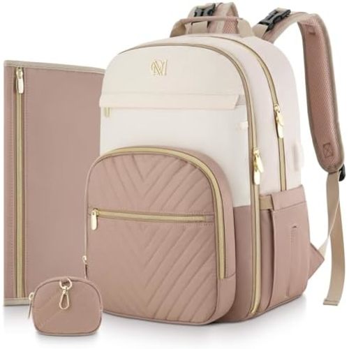 MOMUVO Diaper Bag Backpack, Quilted Baby Bag with Changing Pad & Stroller Straps & Pacifier Case, Large Travel Diaper Bags for Mom Dad, Khaki
