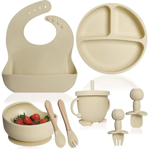 Bluet B- Silicone Baby Feeding Set - Suction Bowl, Plate, Spoons - Baby Utensils - First Foods, Infant Eating - 8pcs - Beige