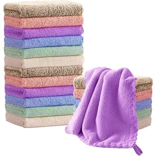 18 Pack 10''x10''Baby Washcloths with Hanging Strap, Microfiber Coral Fleece Baby Towels for Newborns,Extra Absorbent and Soft Burp Cloth for Infants and Toddlers,Gentle On Sensitive Skin