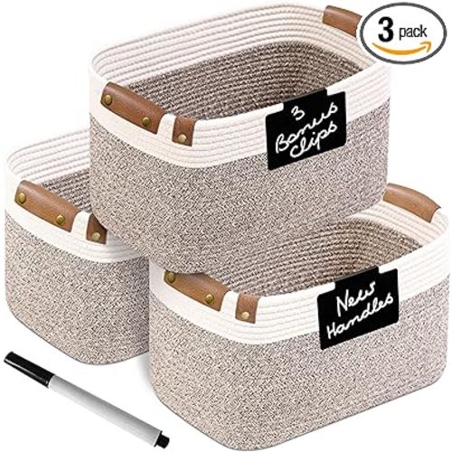 Cotton Rope Baskets for Organizing | Storage Baskets for Shelves | Rope Basket for Storage, Small Laundry Baskets, Woven Baskets for Storage, Dog Toy Bin, Baby Basket,Off White&Brown 3 Pack - 3 PACK | Medium | 15"x10"x9" - Creamy White & Brown
