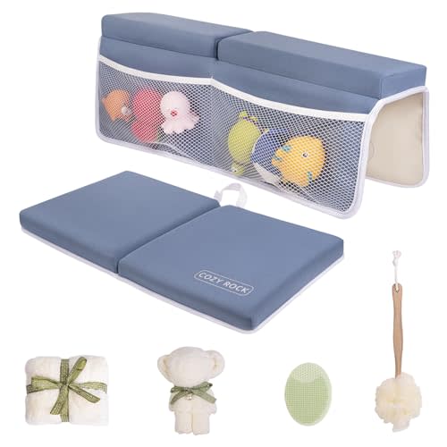 COZY ROCK Baby Bath Kneeler and Elbow Rest Pad Set, Kneeling Pad for Bathing Baby and Elbow Pad with Bath Brush and Hand Towel, Bathtub Kneeler and Elbow Rest Set with Organizer