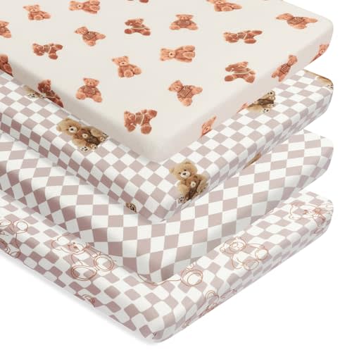 Fitted Baby Neutral Pack N Play Sheets Mini Crib Sheets Bear and Buffalo Check Plaid Breathable Unisex Baby Sheet Set for Boys or Girls