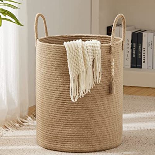 Jute Rope Laundry Hamper Basket, 72L Tall Woven Collapsible Baskets for Blanket Organizing Clothes Hamper for Laundry Room Storage