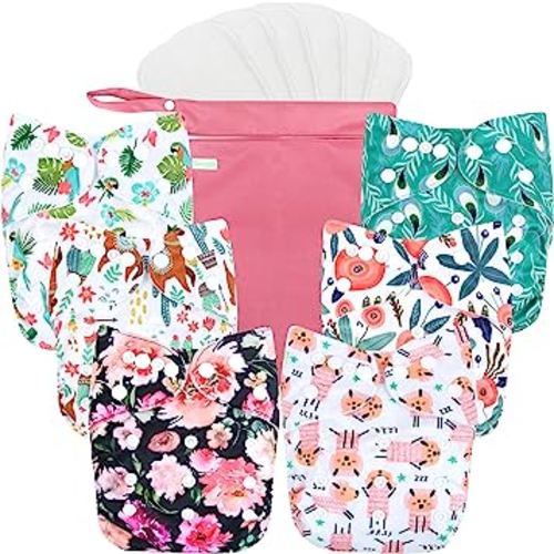 wegreeco Cloth Diapers 6 Pack with 6 Inserts & 1 Wet Bag, Washable Cloth Diapers for Babies, One Size Adjustable Reusable (Flower)