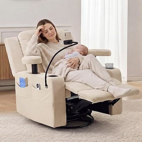 Furnimart Power Rocking Chair Nursery with Adjustable Armrests, Triple Motor Glider Recliner Swivel Nursing Chair for Breastfeeding with Phone Holder, Side Storage, Soft Waterproof Fabric, Beige