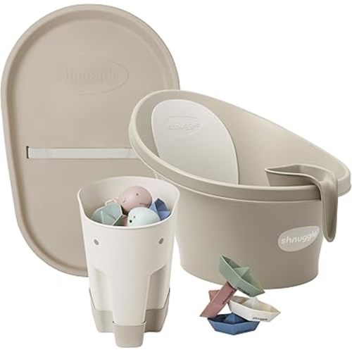 Bathtime Essentials Bundle | Baby Bath, Rinse Jug, Ellie Toy Scoop, Toy Boats & Squishy Changing Mat | All-in-One Comfort, Cleanup & Care for Newborns & Toddlers | Taupe